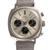 A GENTLEMAN'S SIZE STAINLESS STEEL SWISS EMPEROR CAMARO CHRONOGRAPH WRIST WATCH CIRCA 1970, WITH