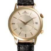 A GENTLEMAN'S LARGE SIZE 18K SOLID GOLD JAEGER LECOULTRE MEMOVOX AUTOMATIC ALARM WRIST WATCH CIRCA
