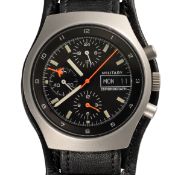 A RARE GENTLEMAN'S PVD COATED ARCTOS MILITARY BUND CHRONOGRAPH WRIST WATCH CIRCA 1980, ISSUED TO THE