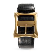 A RARE LARGE CARTIER BAMBOO COUSSIN BELT BUCKLE & LEATHER BELT CIRCA 1970s, SIGNED CARTIER MADE IN