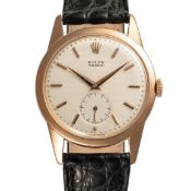 A GENTLEMAN'S SIZE 18K SOLID ROSE GOLD ROLEX PRECISION WRIST WATCH CIRCA 1950s, REF. 8405 WITH 