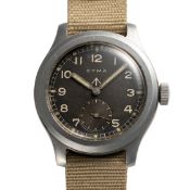A GENTLEMAN'S SIZE STAINLESS STEEL BRITISH MILITARY CYMA W.W.W. WRIST WATCH CIRCA 1945, PART OF