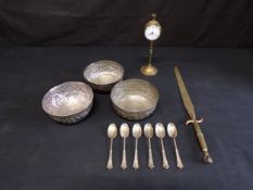 Group of items to comprise: set of six hallmarked silver teaspoons (2.6ozt), three white metal