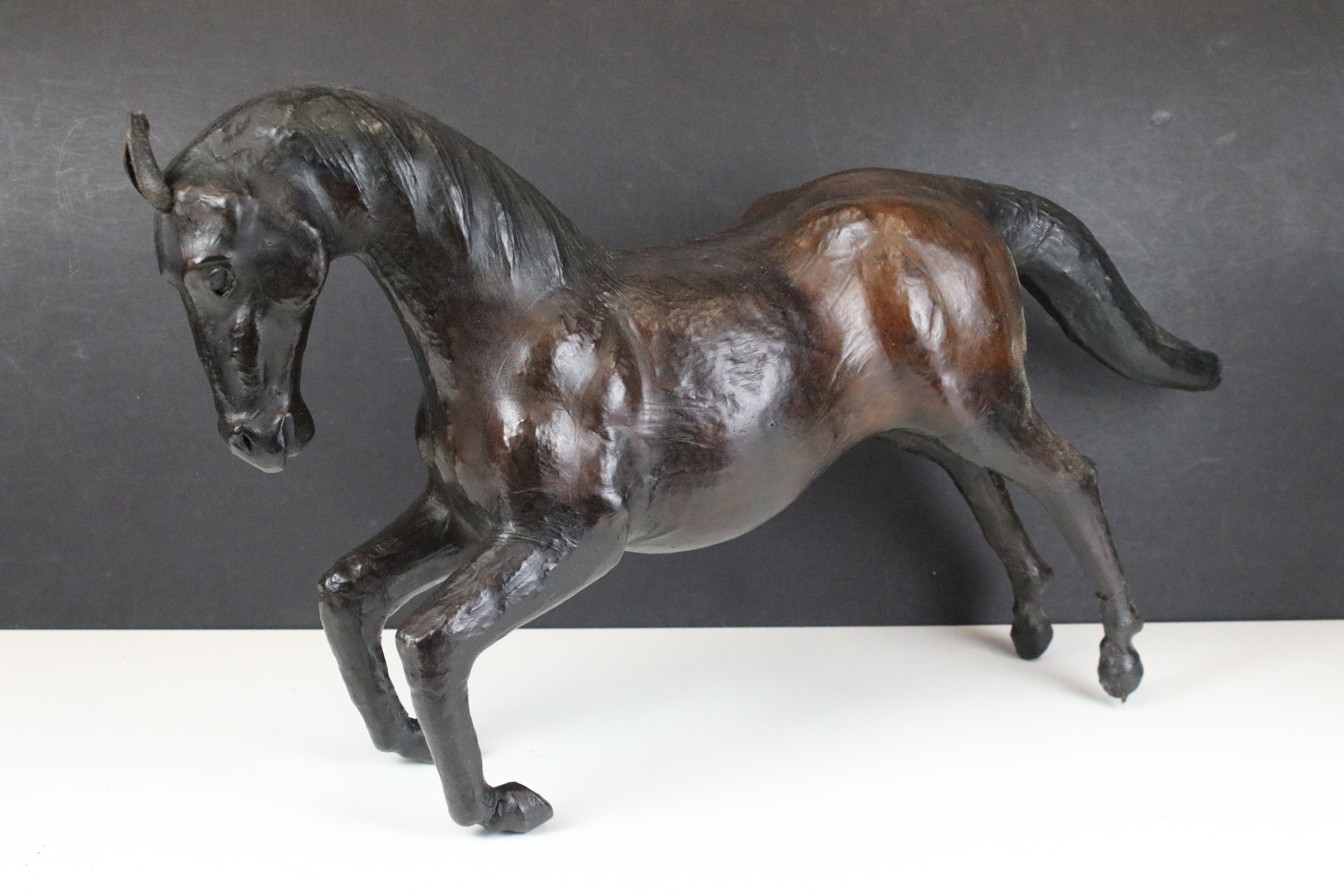 Pair of leather Liberty style covered model horses with glass eyes, tallest H 33.5cm - Image 2 of 7