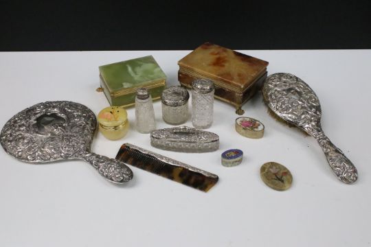 Victorian part dressing table set, with embossed white metal mounts comprising: mirror, brush, - Image 1 of 13