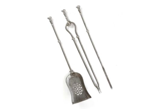 A SET OF THREE POLISHED STEEL FIRE TOOLS EARLY 19TH CENTURY each with a turned finial, the shovel