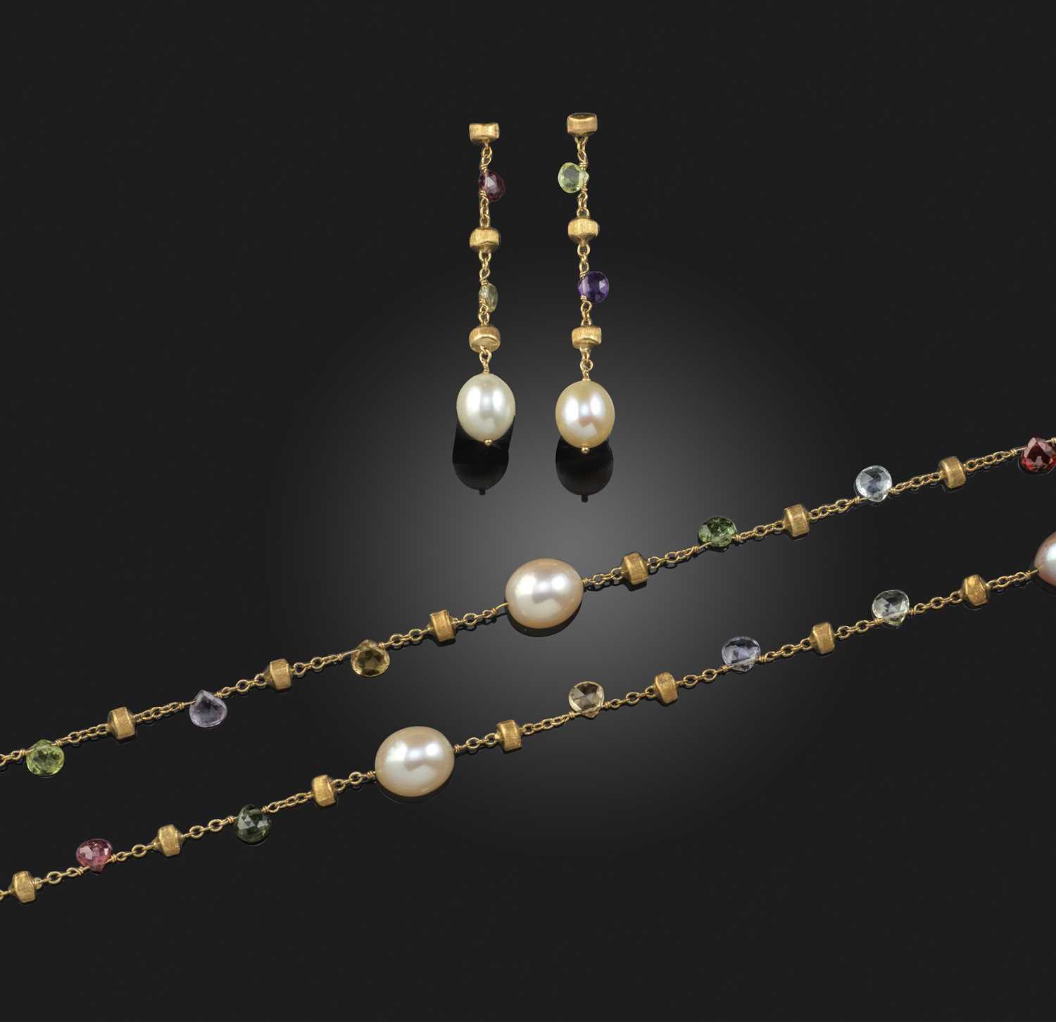 Marco Bicego, a cultured pearl and gem-set necklace and earrings, the long fine-link neck chain