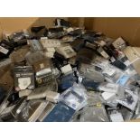 100 PIECE MIXED LOT INCLUDING SOCKET COVERS, AUX CONNECTORS, SWITCHES ETC IN VARIOUS BRANDS AND