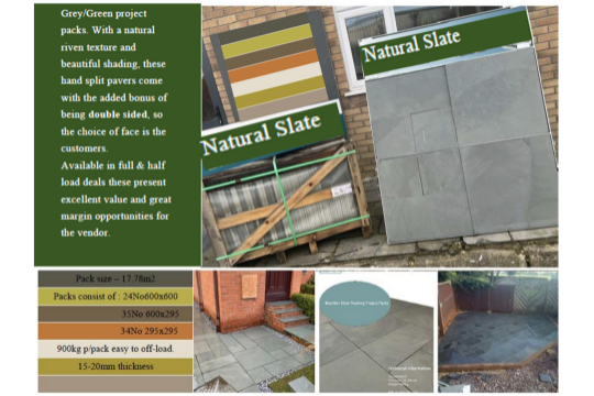 PALLET TO CONTAIN CRATE INCLUDING 17.78M2 OF NATURAL SLATE GARDEN PROJECT PACKS. RRP £1200 PER