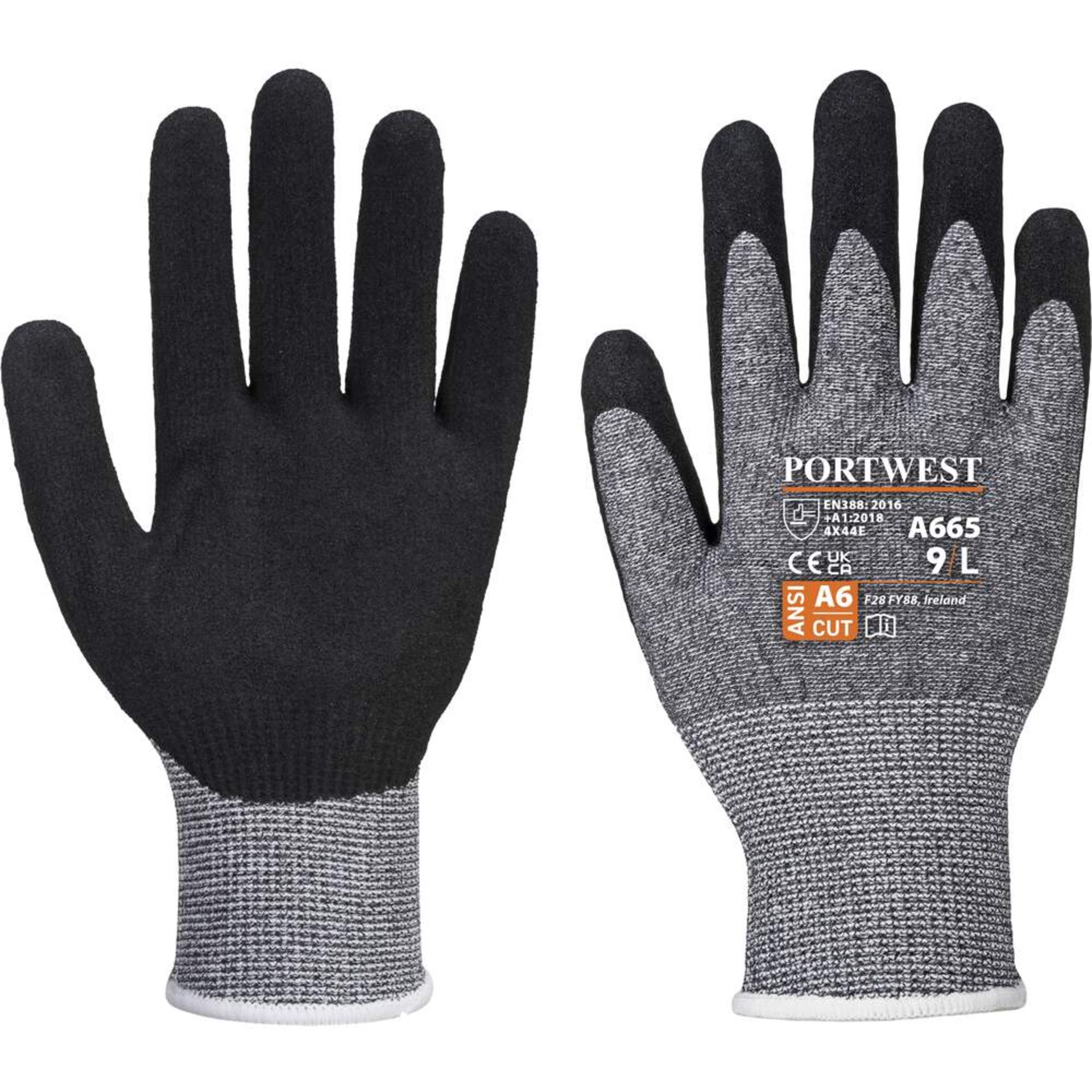120 X BRAND NEW PAIRS OF PORTWEST BLACK AND GREY SENTICUT LIGHT GLOVES R15-1