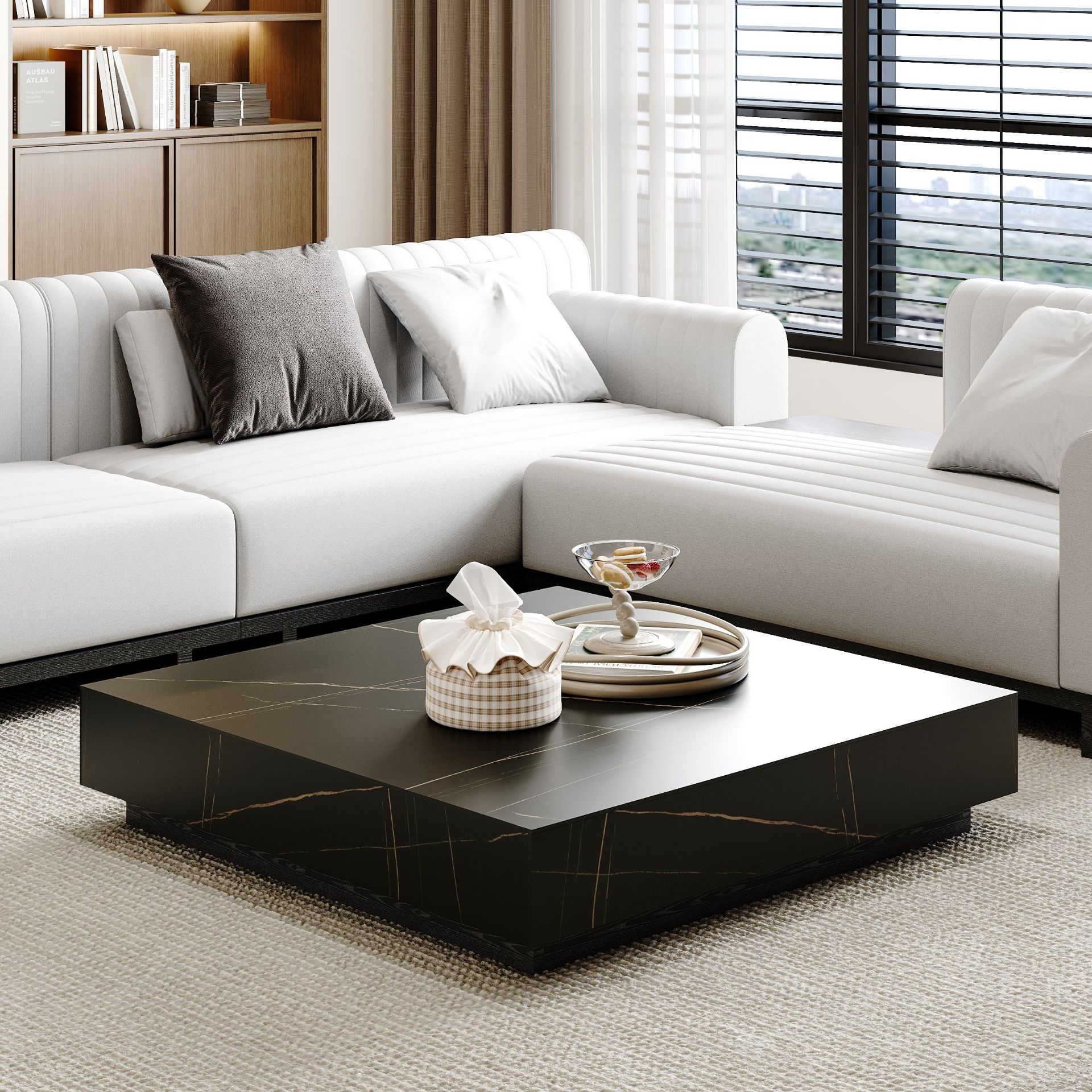 1000mm Square Sintered Stone Block Coffee Table With Wood Base RRP £849.99-SR6(3.4) Elevate your
