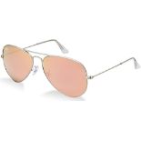 NEW & PACKAGED RAY-BAN Aviator Large Metal Sunglasses - MATTE SILVER WITH LIGHT BROWN MIRROR PINK
