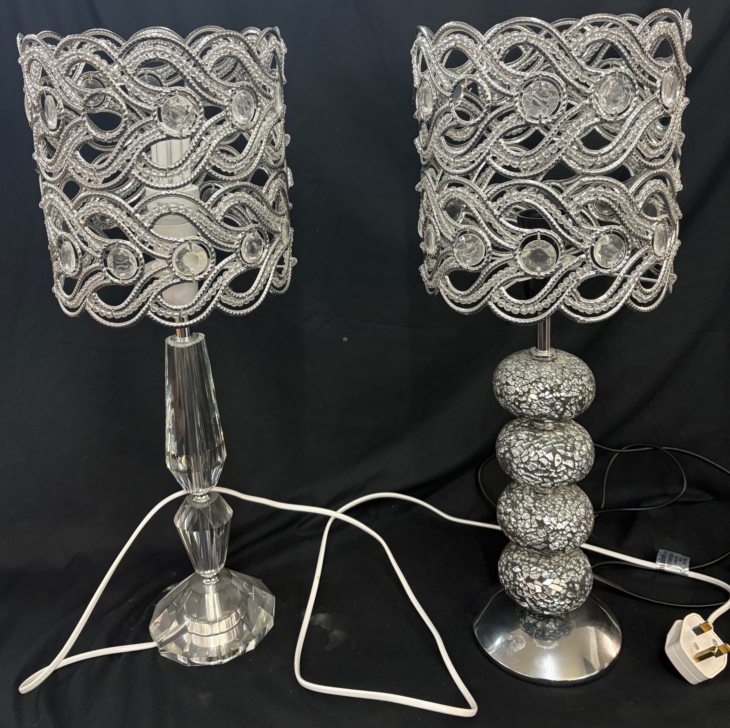 Pair decorative lamp tables with matching shades, working order, approximate height 22 inches