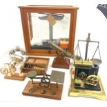 Cased set of laboratory balance scales together with an assortment of scientific instruments to