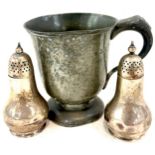 Pair silver hallmarked salt and pepper shakers, Pewter small tankard