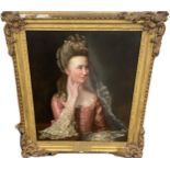 Antique Gilt framed oil painting 'The Pink lady' possibly by artist Hoppnes depicting Mrs