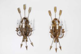 A pair of gilt-composition three-branch wall lights,