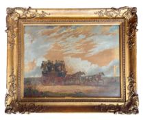 A 19th century gilt framed hand painted print of the Bedford to London carriage