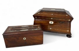 A 19th century rosewood and mother of pearl inlaid work box and a 19th century rosewood and mother o