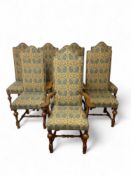 A set of eight 17th century style oak high back dining chairs including a pair of open armchairs
