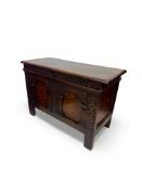 A small rare James I carved oak and marquetry coffer