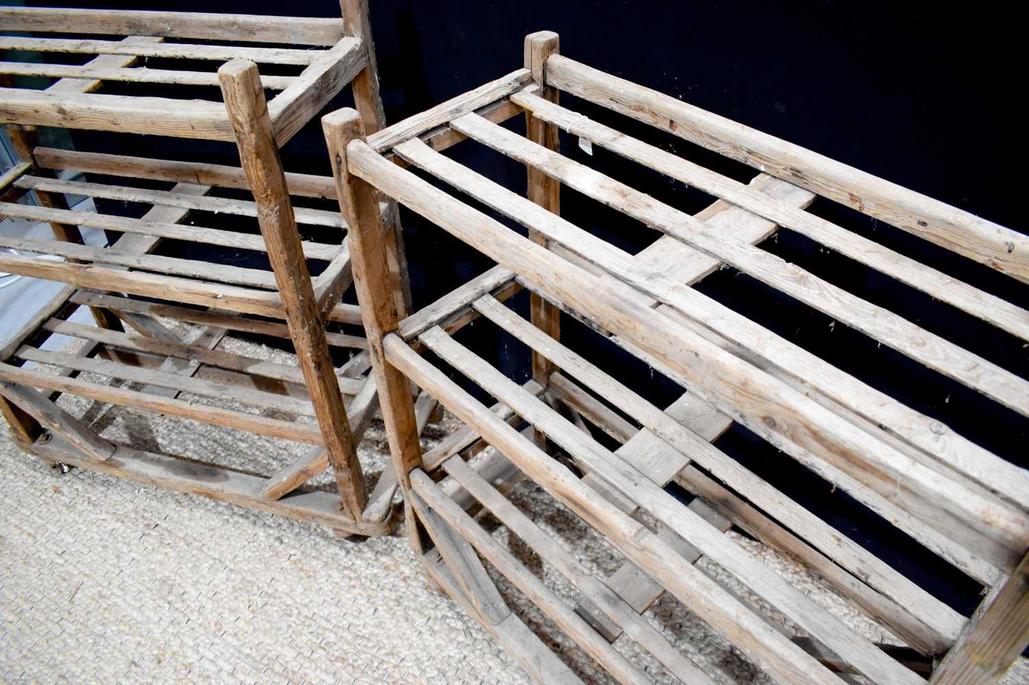 A pair of 19th century softwood three tier apple racks / trolleys, 98cm ...