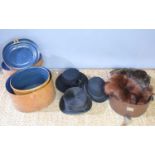 Two vintage tin hat boxes together with a top hat made by E.H Shepherd of Boston, a bowler hat, a