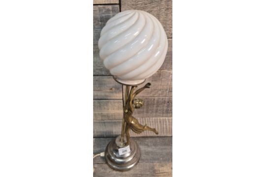 Art Deco inspired brass and chrome figural lady lamp. Comes with pink tone globe shade. [47.5cm - Image 3 of 3