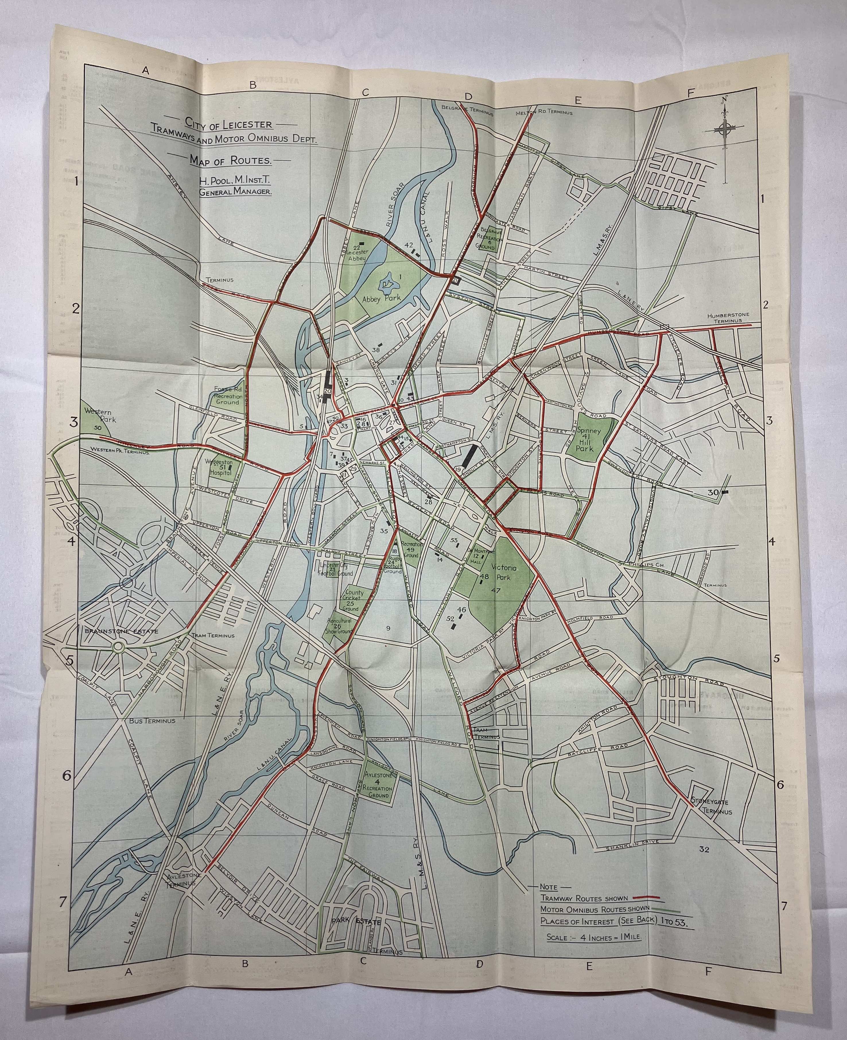 1932 motor omnibus fold out map for Leicester City Tramways in very good condition.