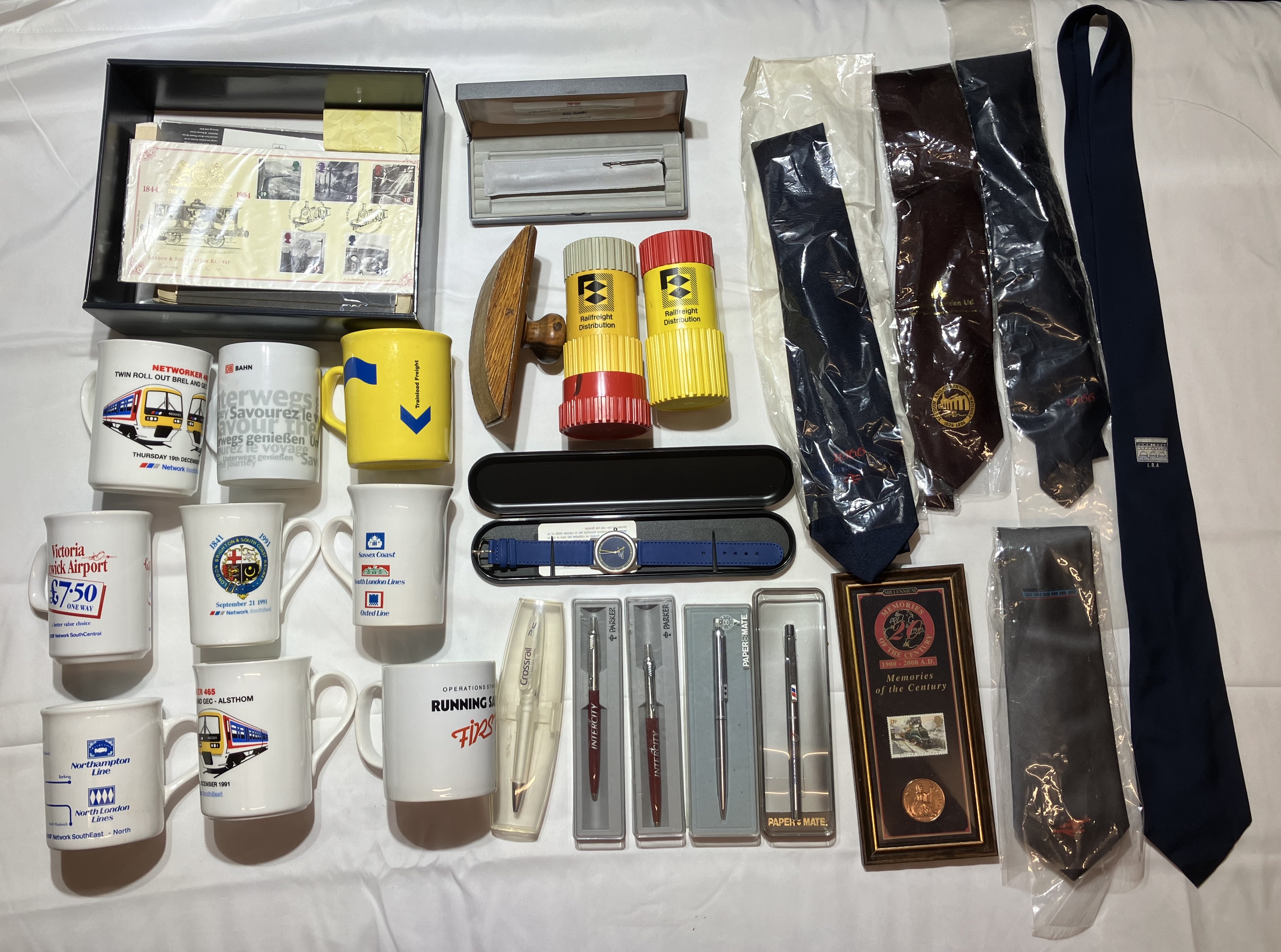 Assorted 1980s & 1990s railway mugs (9), pens and ties. A blank Southern Railway stamp. 25 items - Image 2 of 2