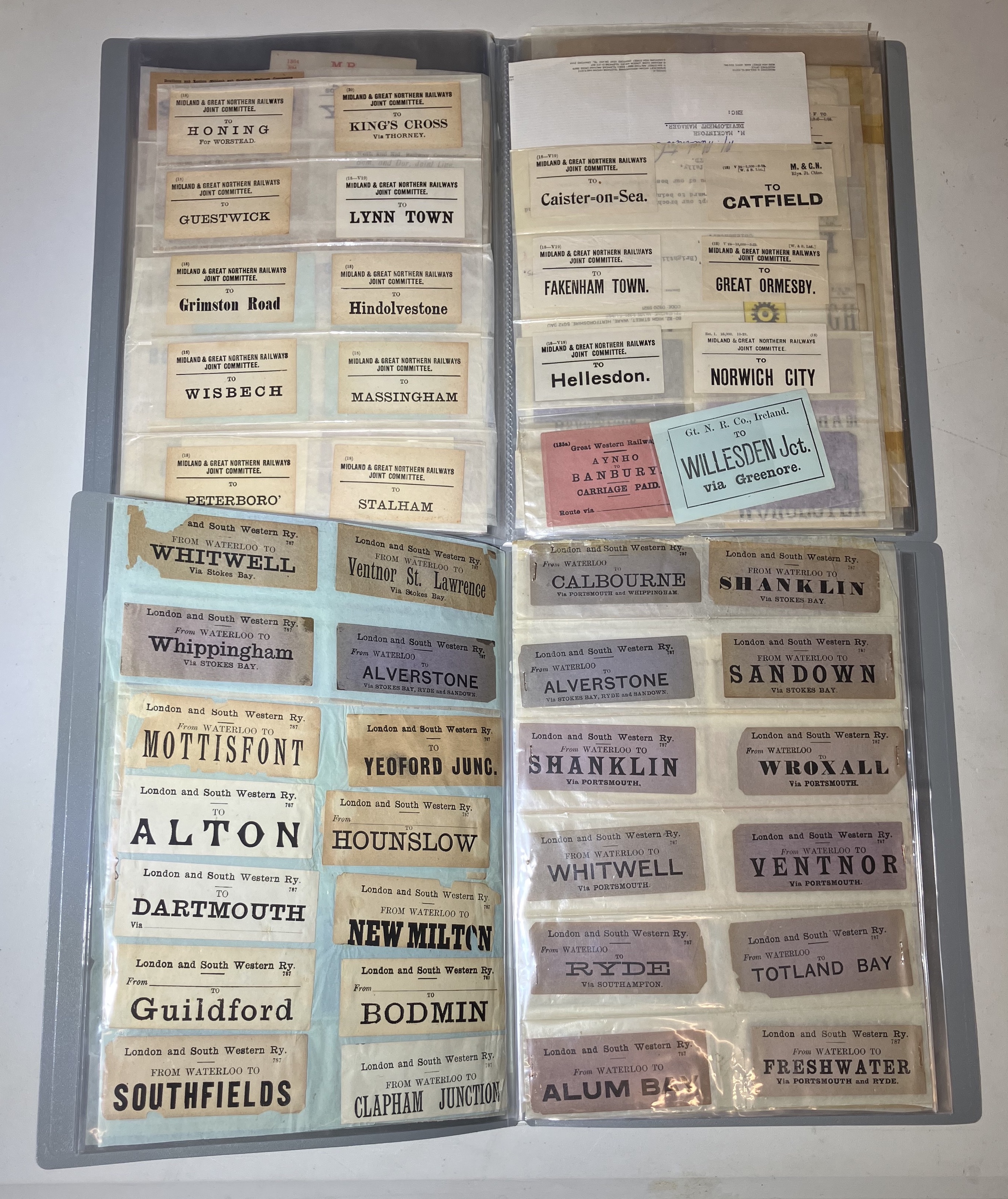 Two folders of over 450 pre-grouping luggage labels. Many companies and joint committees represented
