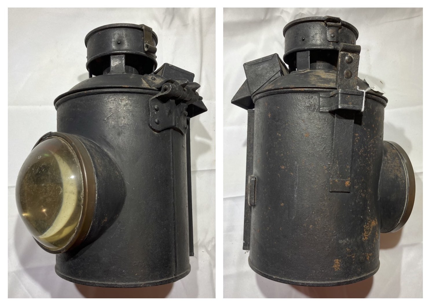 Large black railway lamp no markings, in unrestored condition.