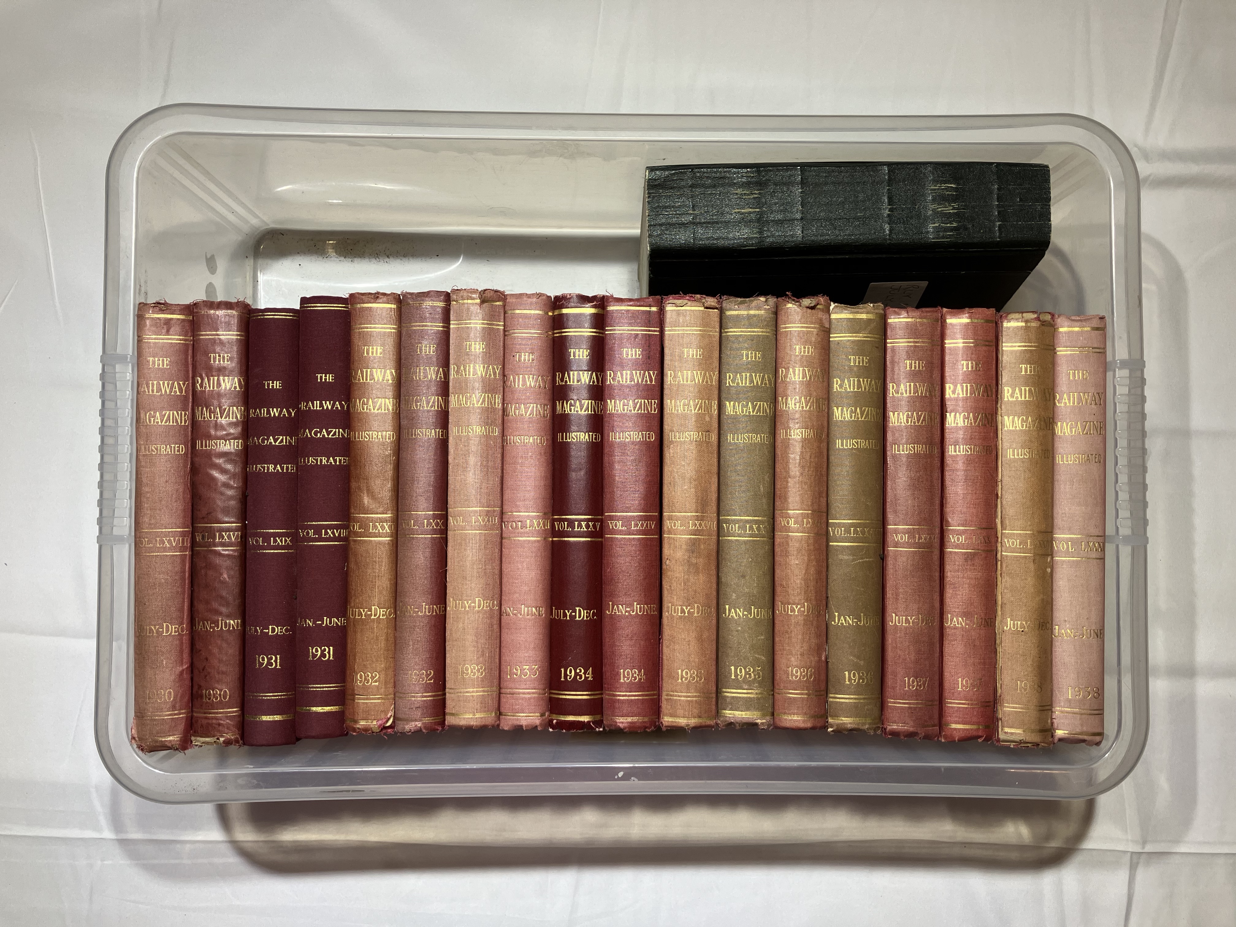 Box of bound volumes of the Railway Magazine 1930-1938. (19 books)