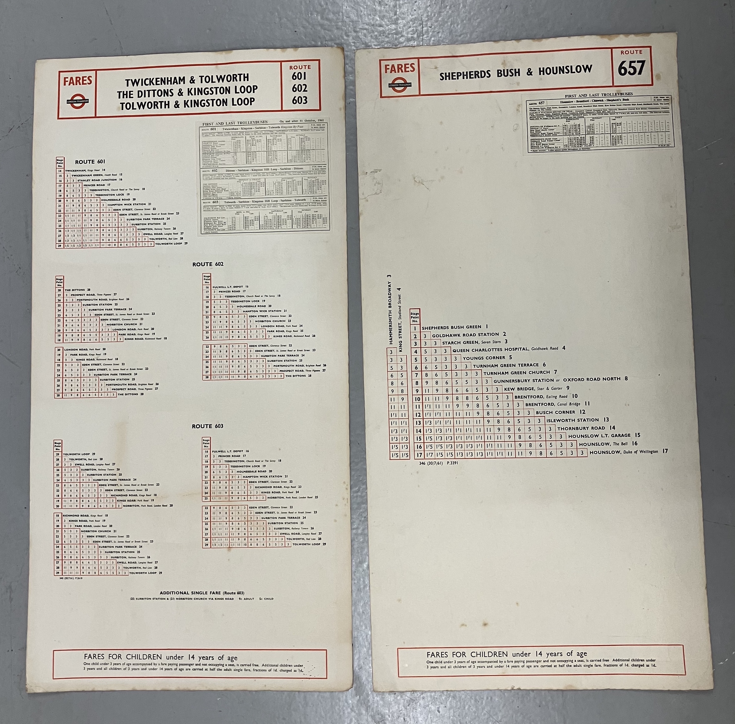 A pair of double-sided London Transport faretables for trolleybus routes 601,602,603, 604 and 605 (