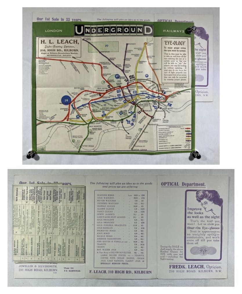 Fold-out London Underground Railways map with cover. The map is over-printed H L Leach, sight-