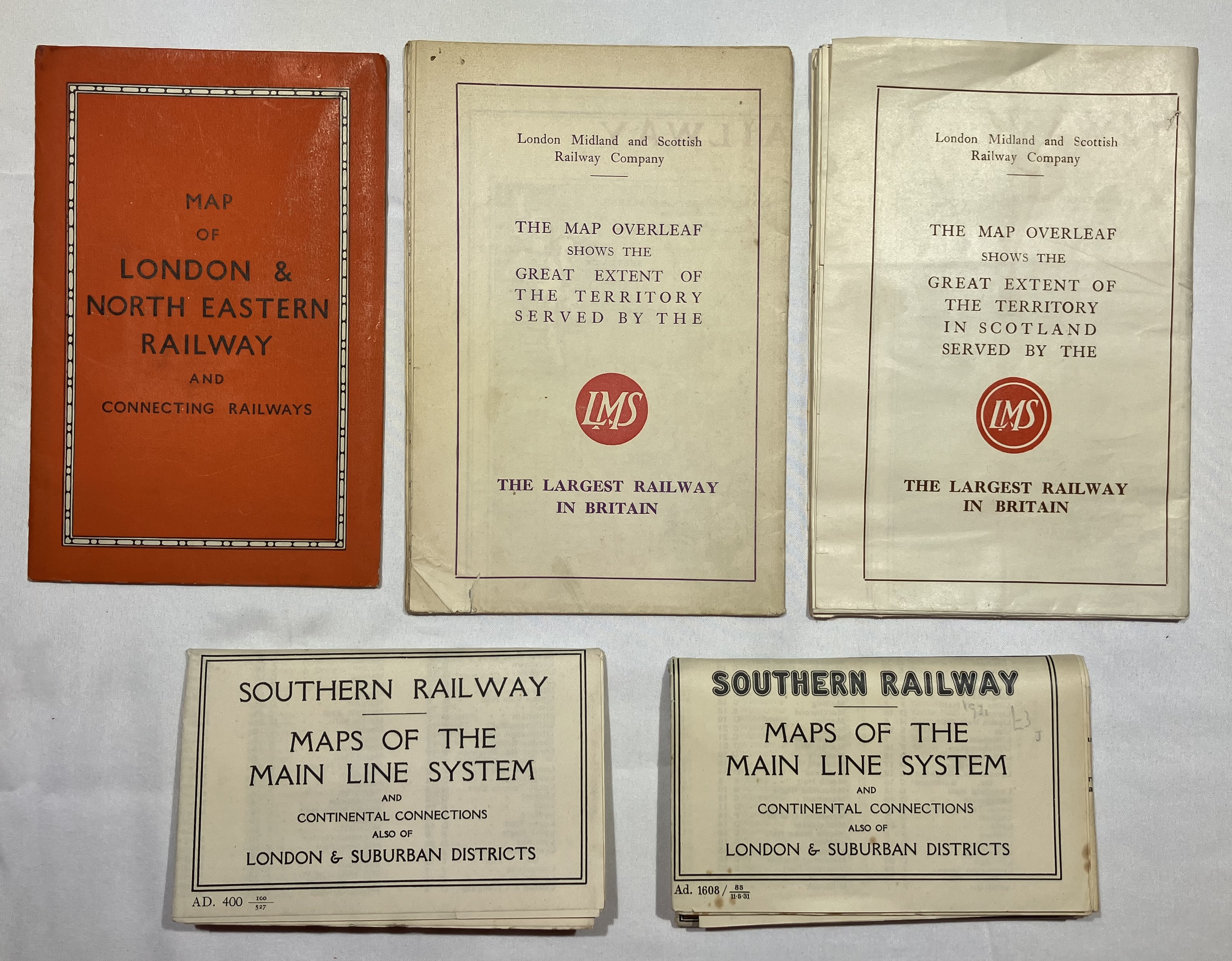 5 x 1920s & 30s railway maps: 2x LMS 1920s, 1x LNER 1930s 1x Southern Railway 1920s and 1 x Southern