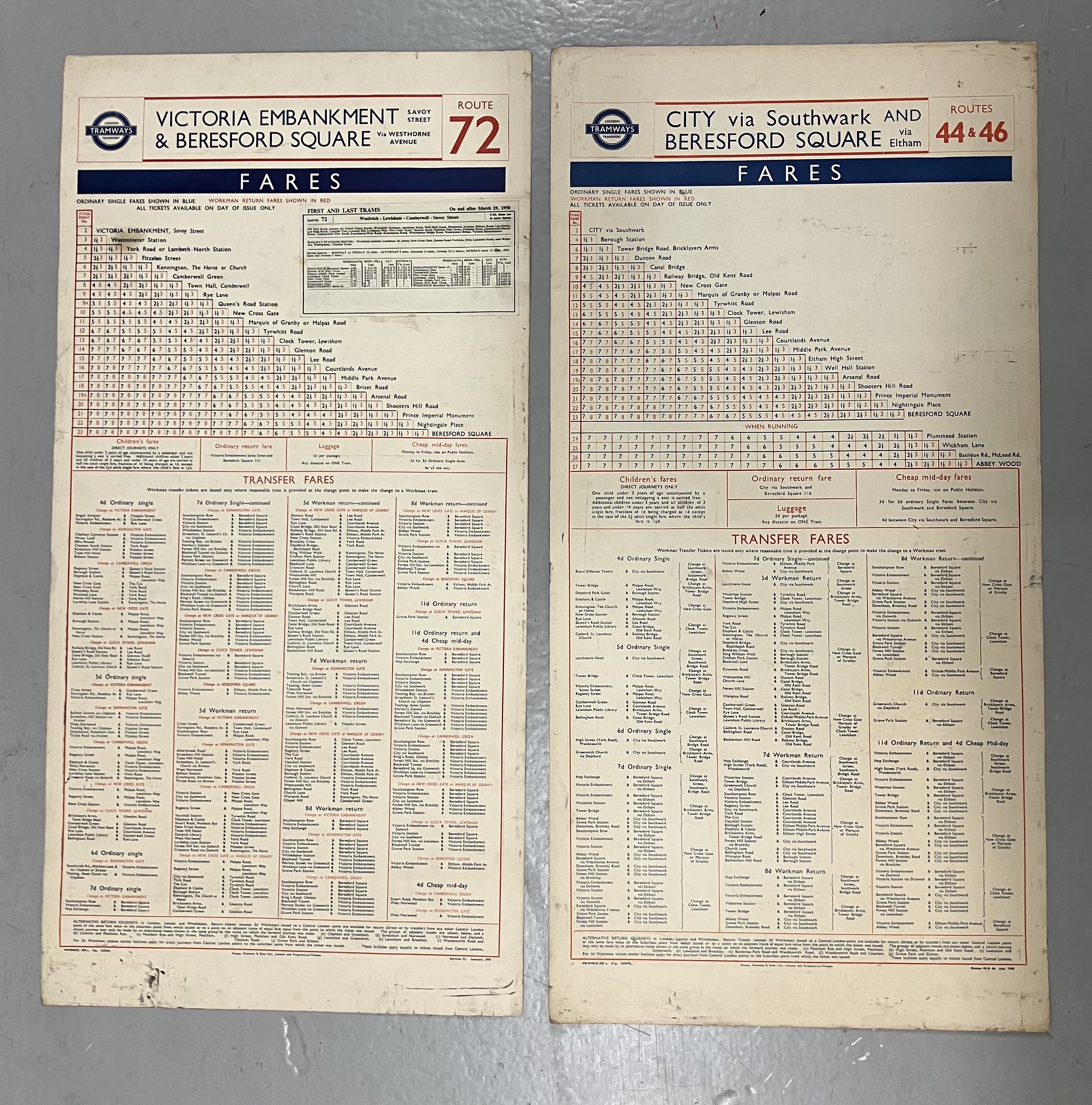 A pair of 1947-dated double-sided London Transport fare tables for tram routes 44 & 46, 54, 72 & 74.