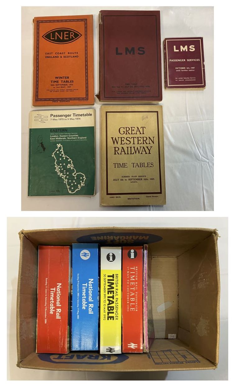 Box of LMS (1938) & LMS (1947), GWR (1937), LNER (1936/37), BR E (1973/74) timetables and National