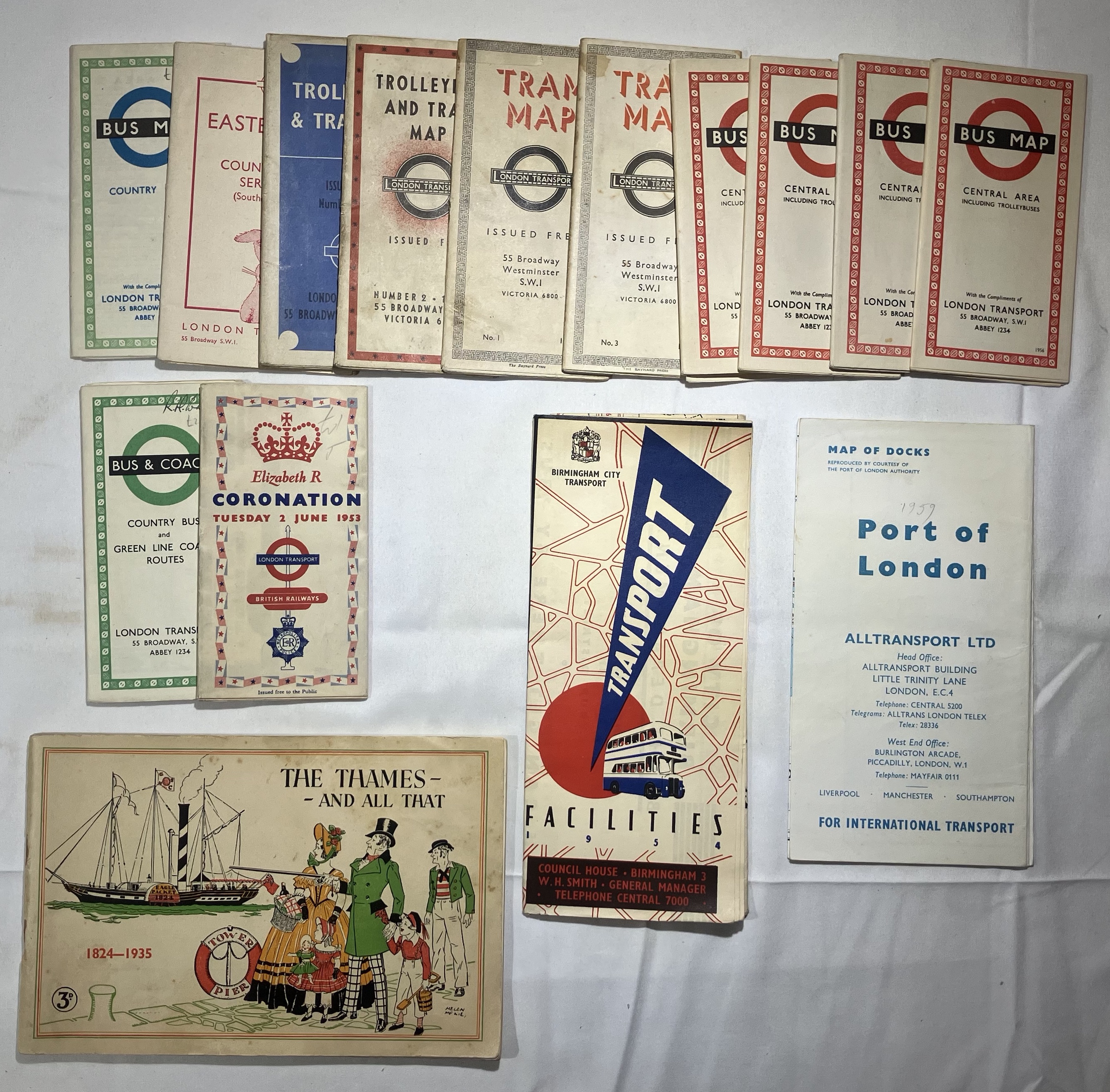 12x London Transport fold out pocket maps from the 1940s to 50s. One Birmingham facilities fold
