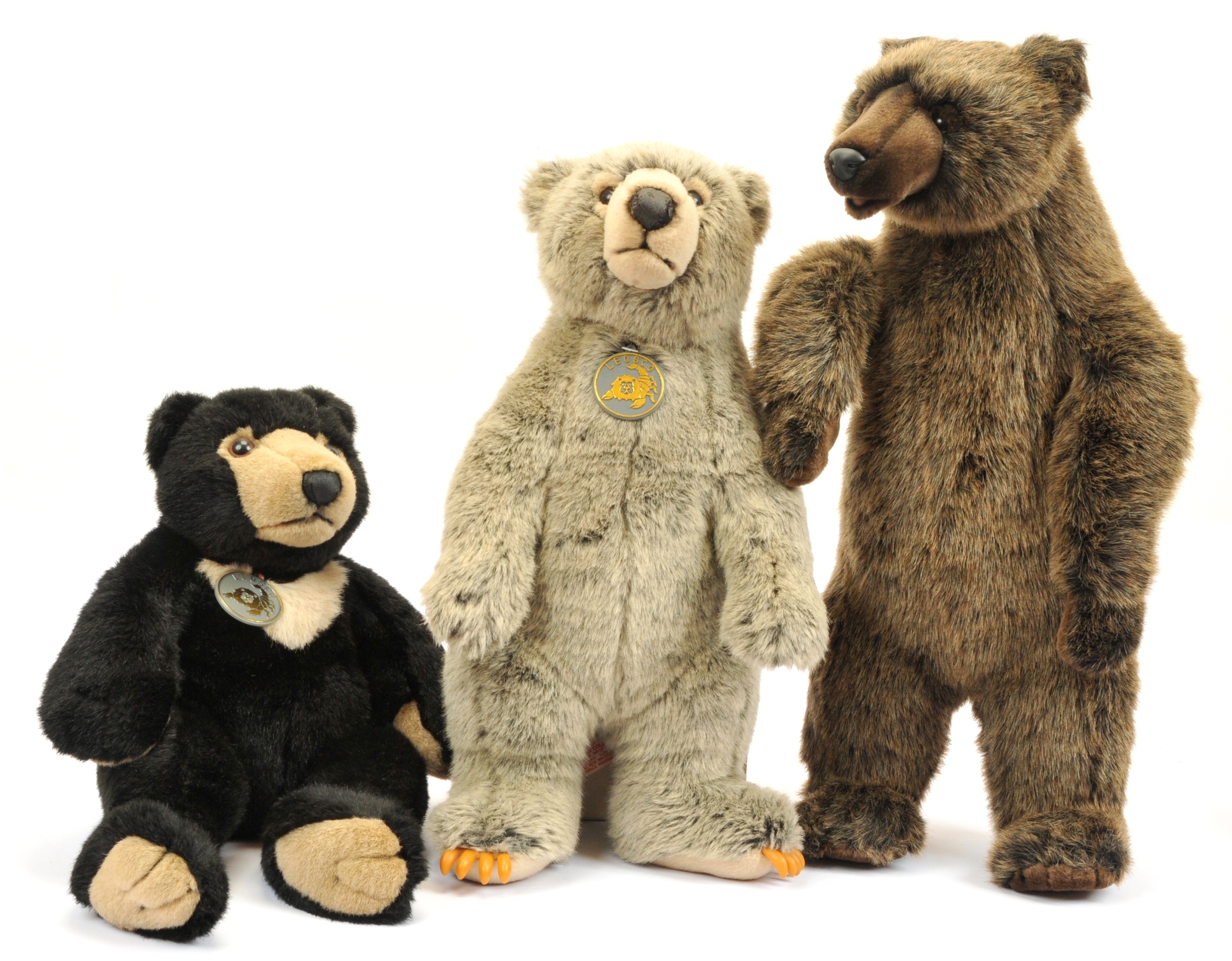 Trio of plush upright grizzly bears, includes Hansa and pair Leosco