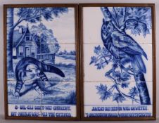 Een paar zes-pas tegeltableau's met kat en uil, 19e eeuw.