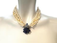 Marriage-Collier: Kettenclip 750 Weißgold, Saphire, Brillanten, Süßwasserperlen