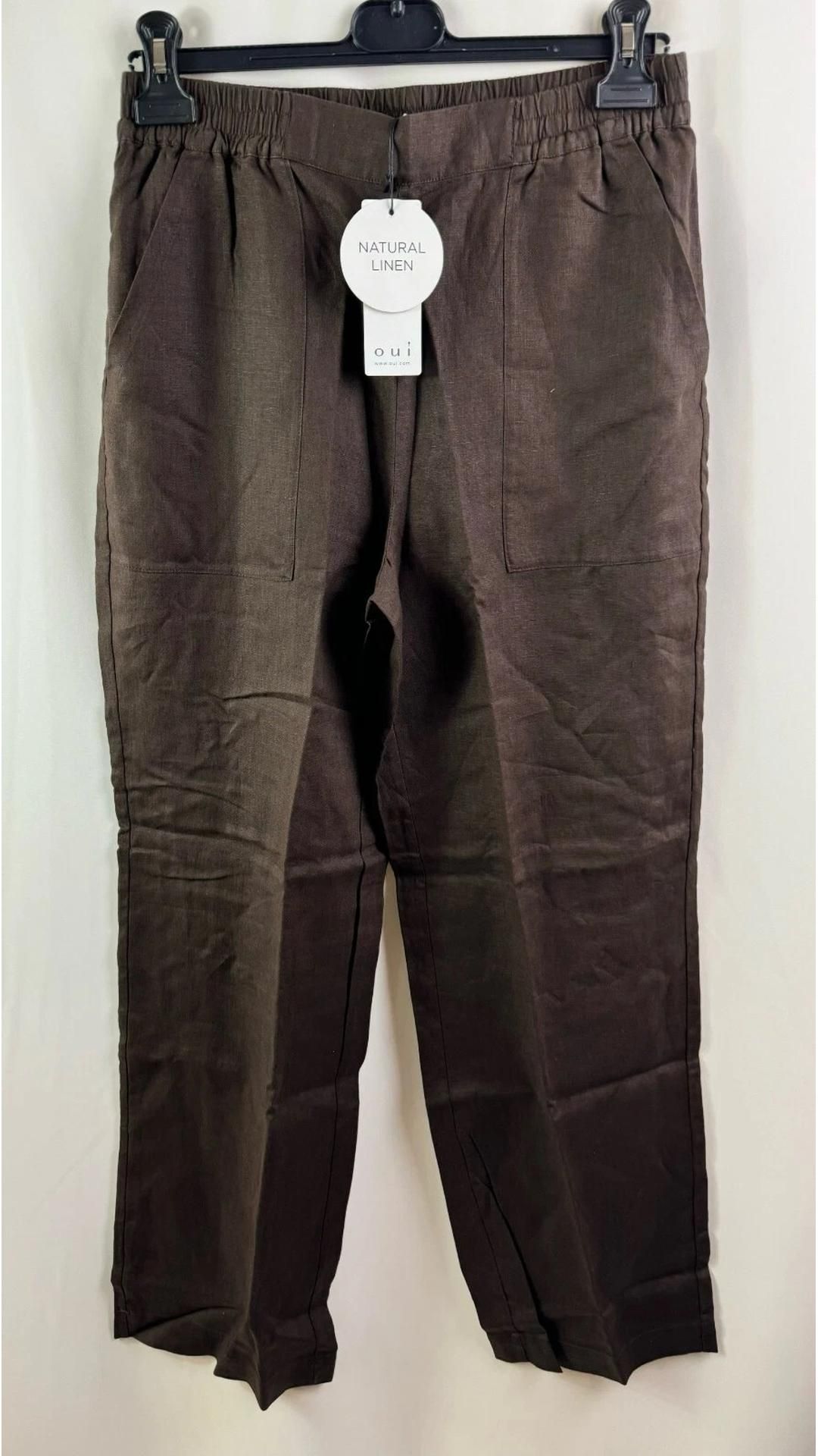 Oui Women's Wide Leg Linen Trousers, Brown, Size 42