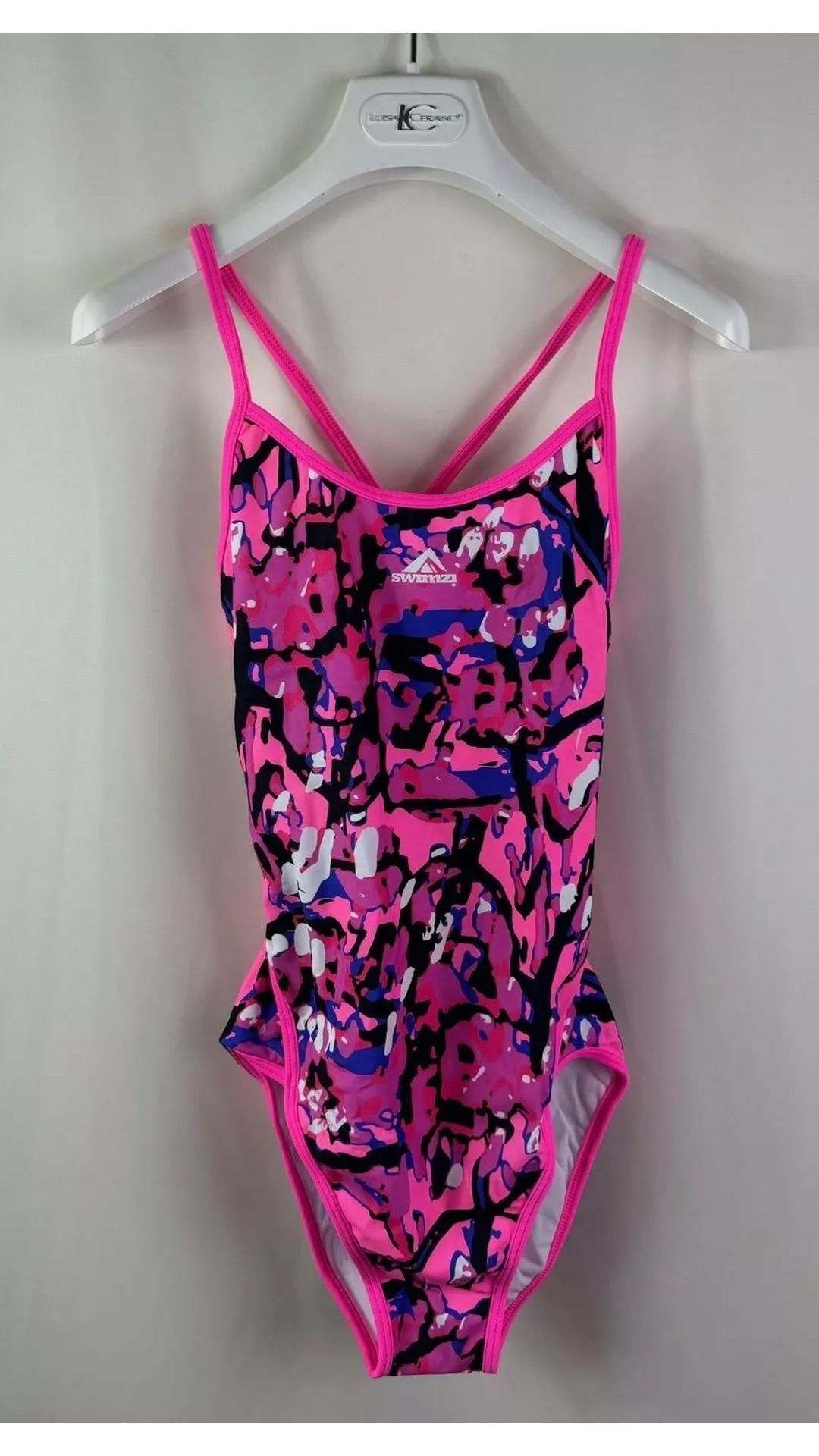 Five Swimzi Thin Strap Women’s One-Piece Swimsuit, Pink Paradise, Size 36, UK 14