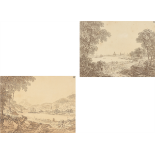 Adrian Zingg. Ansicht von Dresden mit Spaziergängern / Landschaft mit Flusslauf und Landvolk.