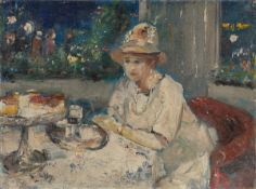 Lesser Ury. „Dame in Weiß auf einer Café-Terrasse“. Um 1928