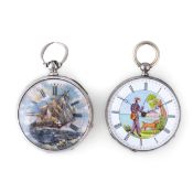 LOTTO COMPOSTO DA DUE OROLOGI DA TASCA CILINDRO, CASSE IN ARGENTO E QUADRANTE DIPINTO, SVIZZERA