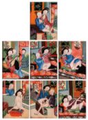 SETTE DIPINTI EROTICI SUL RETRO DI SPECCHIO ED INCORNICIATI, CINA, TARDA DINASTIA QING