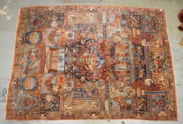 Kashmar, feste mittelfeine Kn&uuml;pfung, mit fig&uuml;rl. Motiven/pers. Schrift; Ma&szlig;e 403 x 2