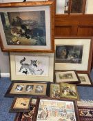 ALICE WEDEL-RENI (Countess Von Wedel) / LOUIS WAIN: A framed and glazed painting & prints etc.